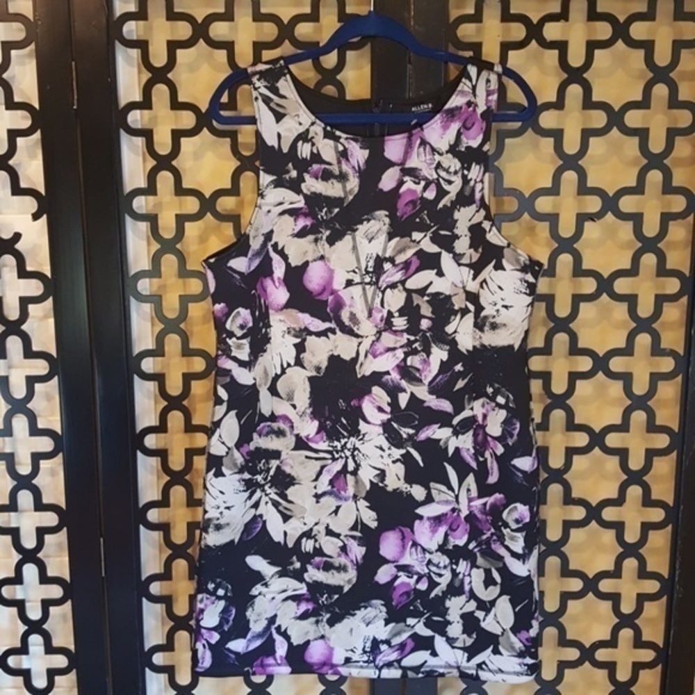 NWT  ALLEN SCHWARZ  FLORAL SCUBA SHEATH DRESS‎ XL Purple Black Sleeveless Dress
